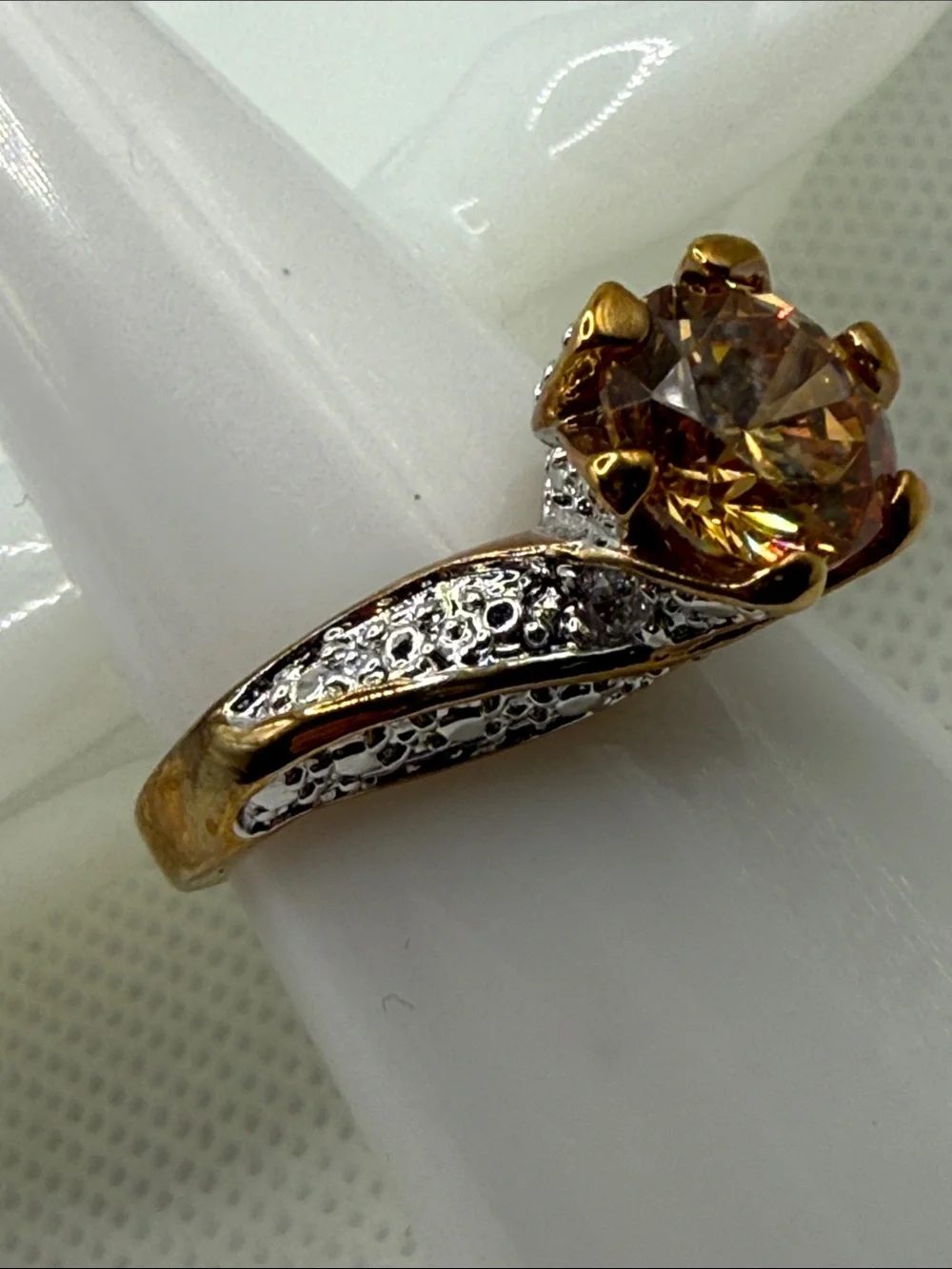Vintage Gold-Tone plated Citrine Solitaire Ring Pavé Accents mixed metal glam